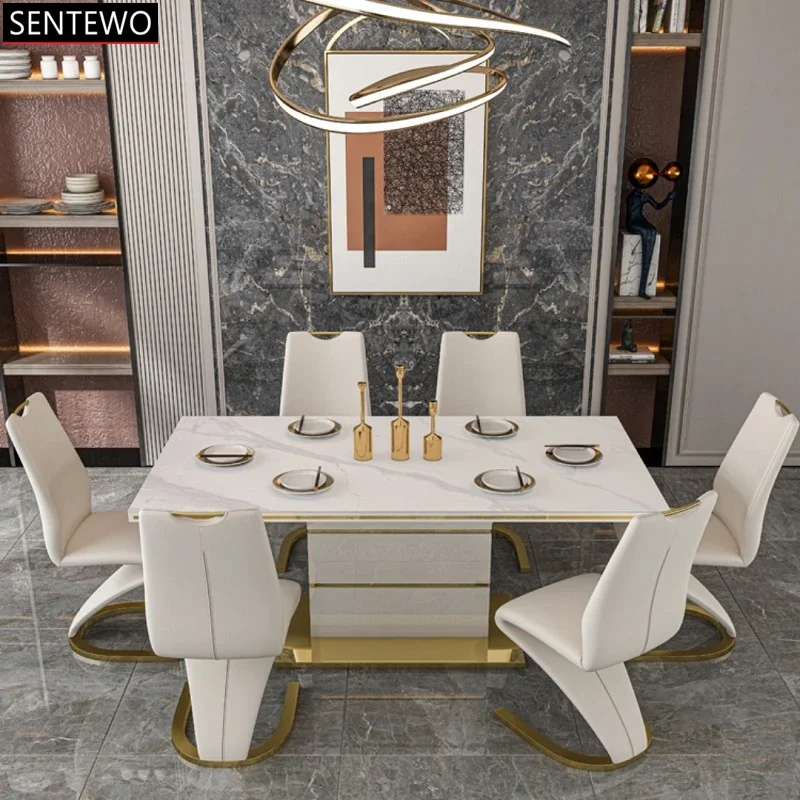 

SENTEWO Free Shipping Italian Modern Dining Table Set 4 6 Chairs Golden Base Rock Slab Dinner Room Table Mermaid Dining Chair