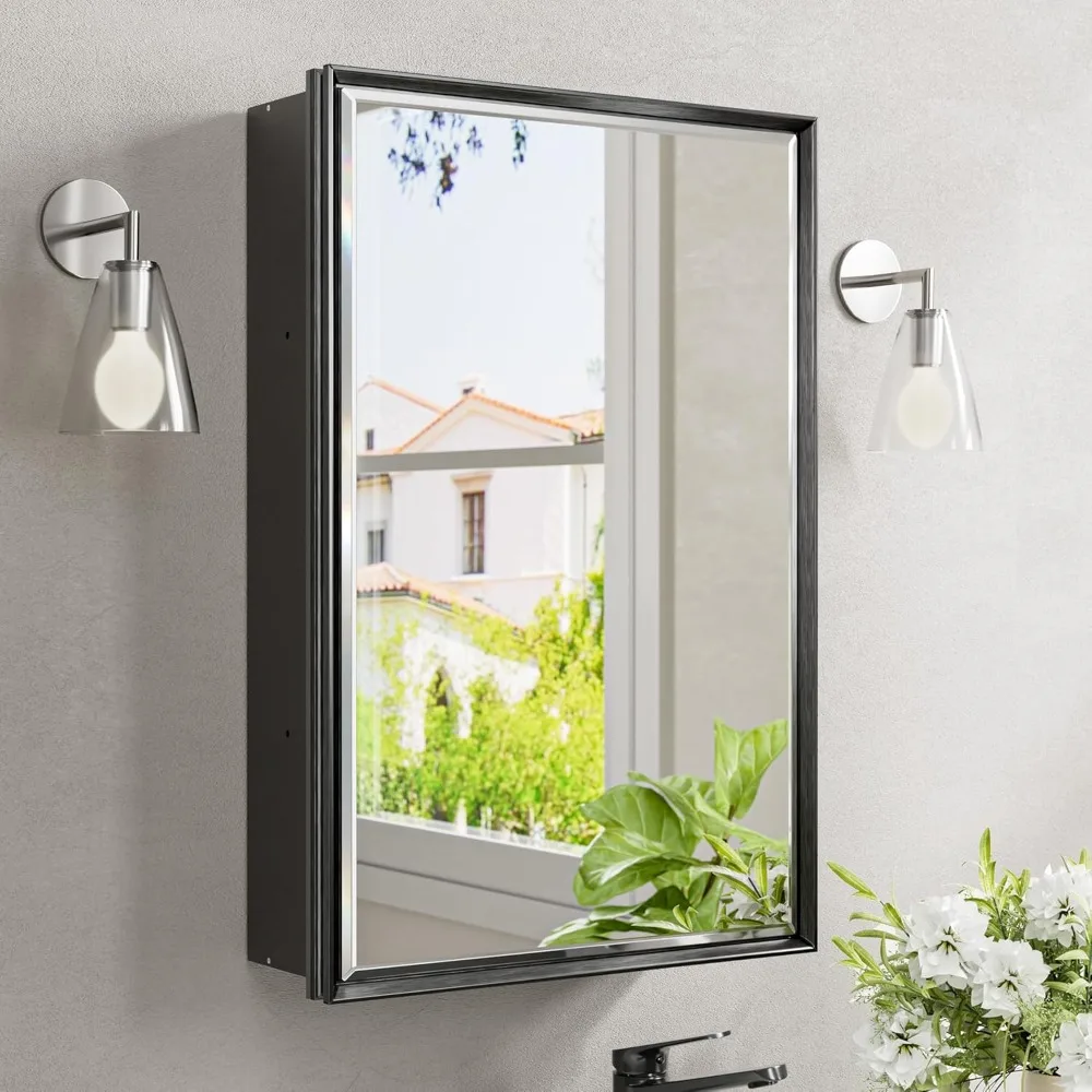 Aluminum Framed 16x24 Inch Medicine Cabinet with Beveled Mirror, Surface or Recessed Mount, Fully Assembled
