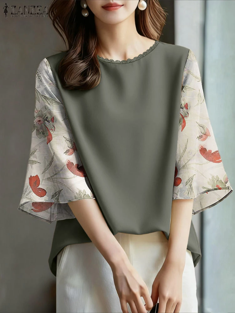 ZANZEA Elegant Women's Floral Printed Chiffon Sleeves Blouses Casual Lace Trim O-Neck 3/4 Sleeve Loose Tops Spring Woman Clothes