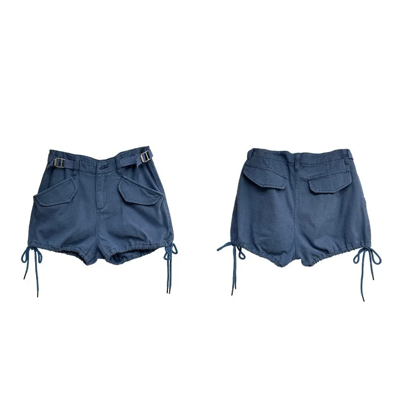 Benuynffy American Style Drawstring Hem Cargo Denim Shorts Women 2026 Summer New Y2k Low Waist Casual All Match Female Hot Pants