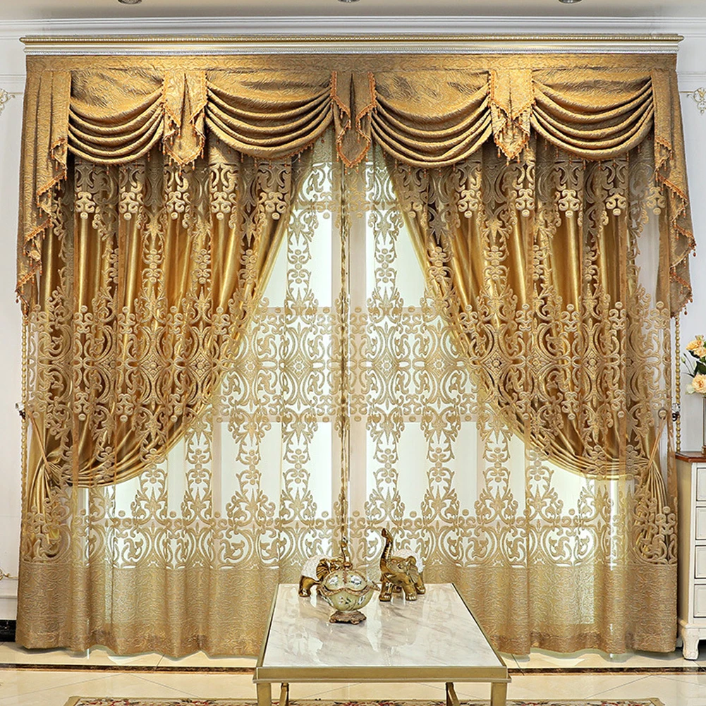 Luxury gold jacquard curtains with grommet top thermal blackout palace curtains