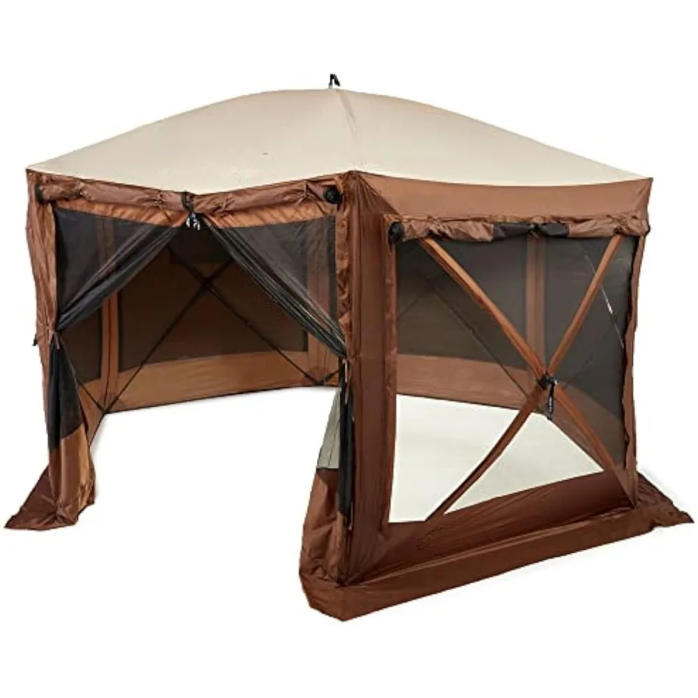 12.5 X 12.5 Ft Canopy, Portable Pop-Up Outdoor Camping Screen Tent 6-Sided Canopy Shelter, Brown, Outdoor Shelter