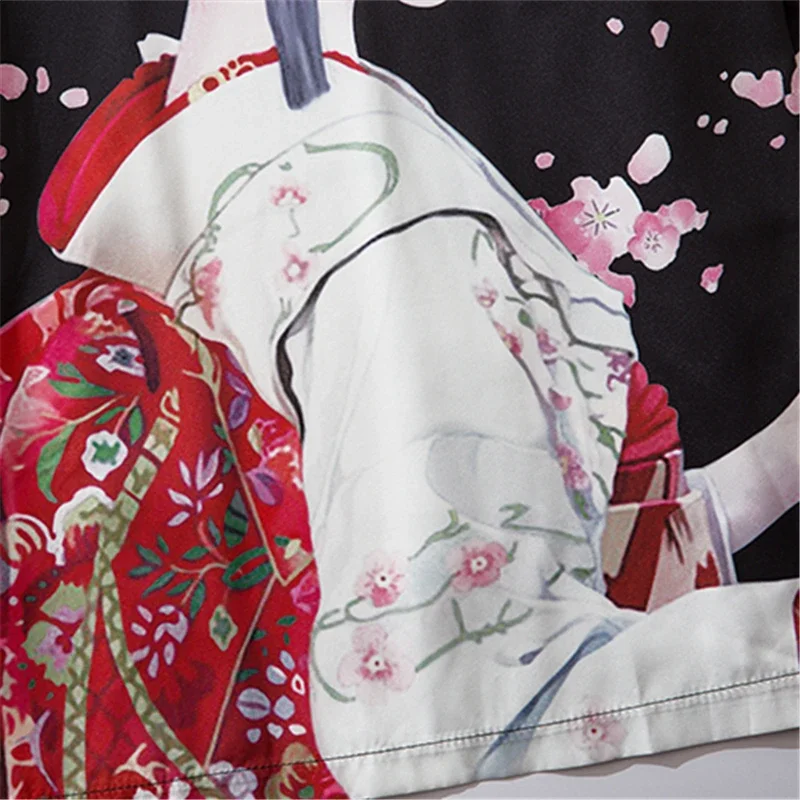 Bebovizi-ropa de calle de moda negra para hombres y mujeres, cárdigan Kimono con estampado de belleza, bata China Haori Obi, ropa tradicional