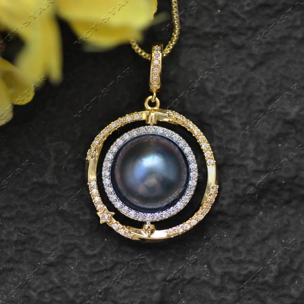 

Z14431 Golden Silver Double Ring Rotation 25mm Blue South Sea Mabe Pearl CZ Pendant