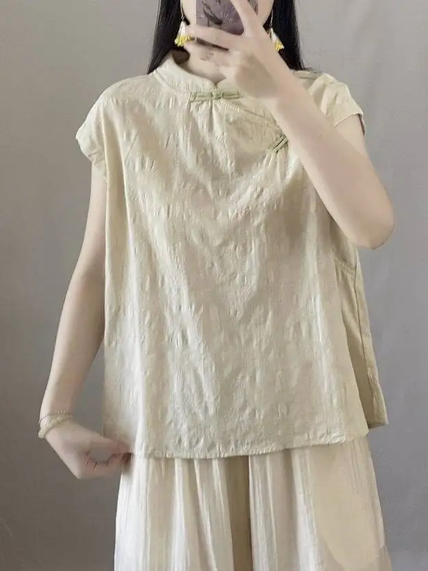 Women Summer Chinese Jacquard Linen Cotton Sleeveless Shirt Loose Frog Button Modern Hanfu Kung Fu Short Crop Tops  CN-303