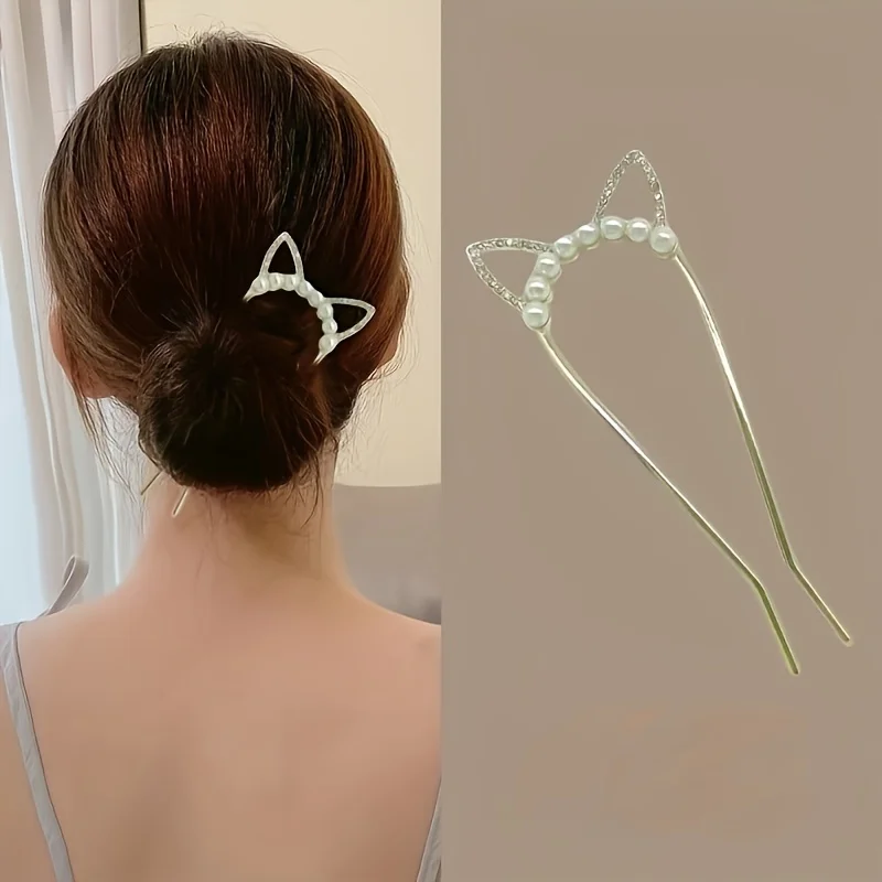 

1pc/2pcs artificial pearl U-shaped cat ear hair accessories for girls, diamond U-shaped imitation pearl rabbit ear headwear, mul
