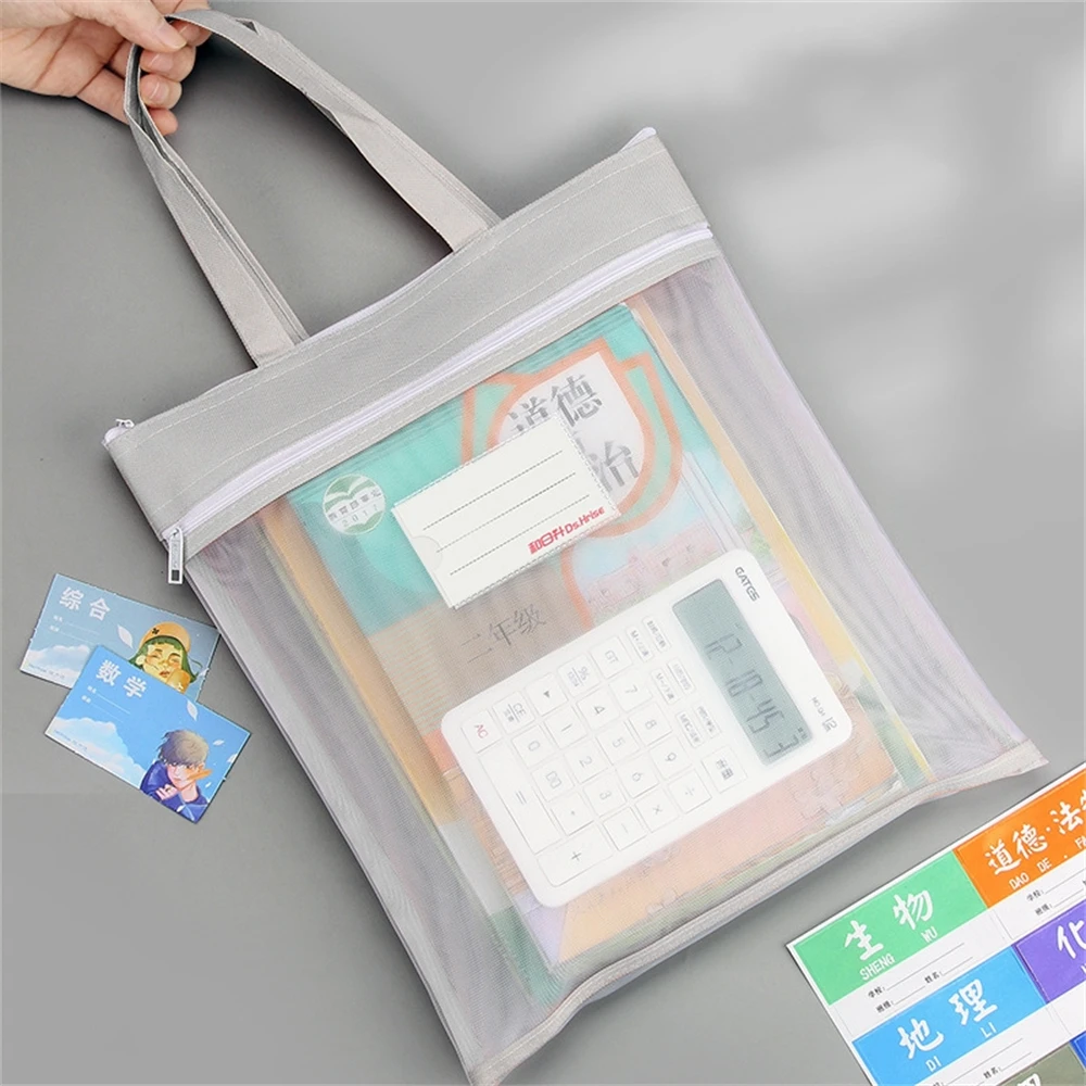 Malha transparente arquivo saco com alça, organizador de documentos, suporte de papelaria, bolsa de lápis com zíper duplo, material escolar e escritório