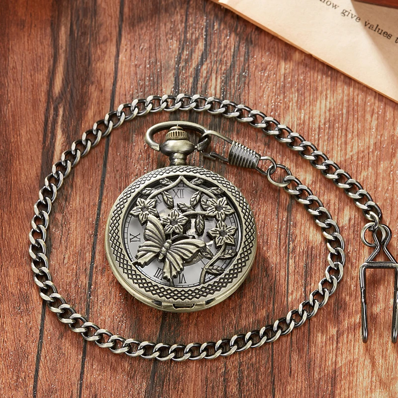 Butterfly Hollow Pocket Watch Skeleton Steampunk Mechanical Fob Watches Vintage Clock Pendant Hand-winding Male Relogio De Bolso