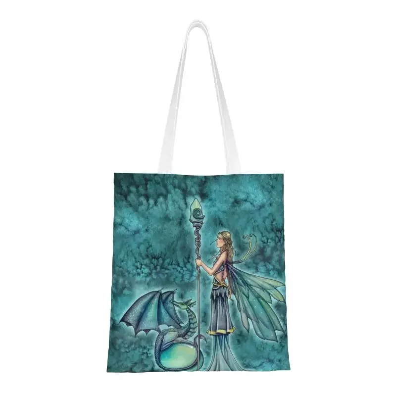 Aquamarine Dragon Fairy Art By Molly Harrison Groceries Tote Shopping Bag Women Kawaii Canvas Shopper Shoulder Bags Handbag