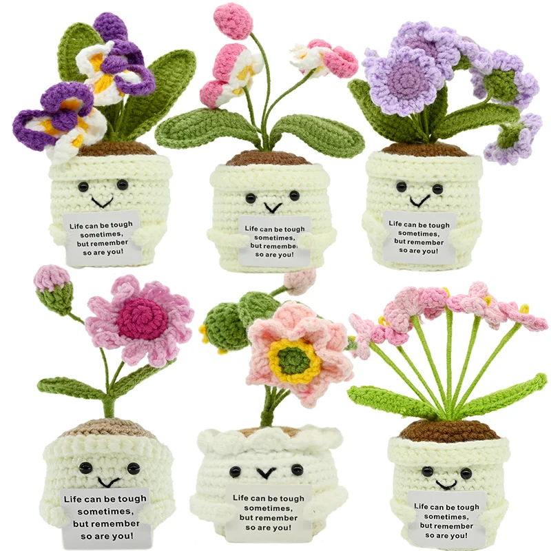 PlantSeries Positive Energy Crochet Flower Pot Handmade Knitted Potted Plant Hug with Encouragement Card Mini Desk Decor Gift