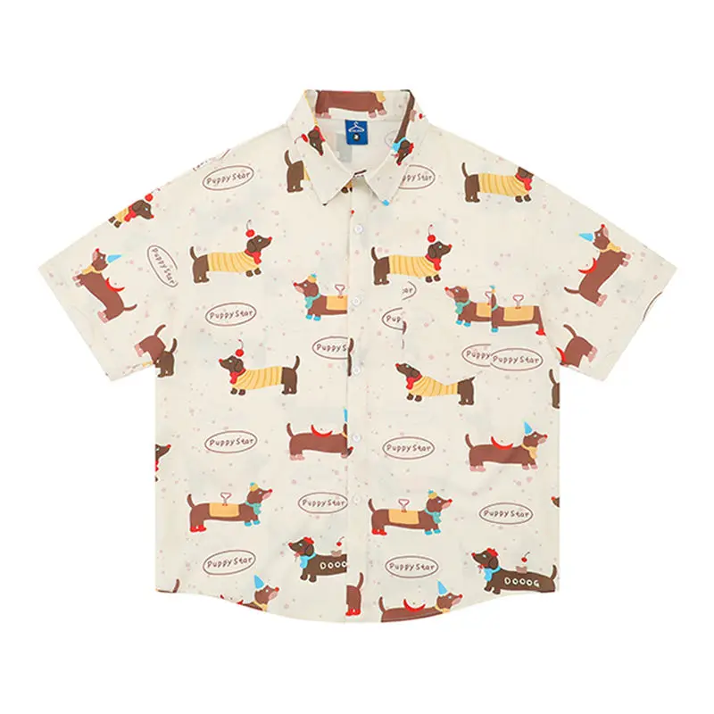 BEIANJI men clothing American retro dachshund full print short-sleeved shirt men's summer vacation casual lazy wind flower shirt