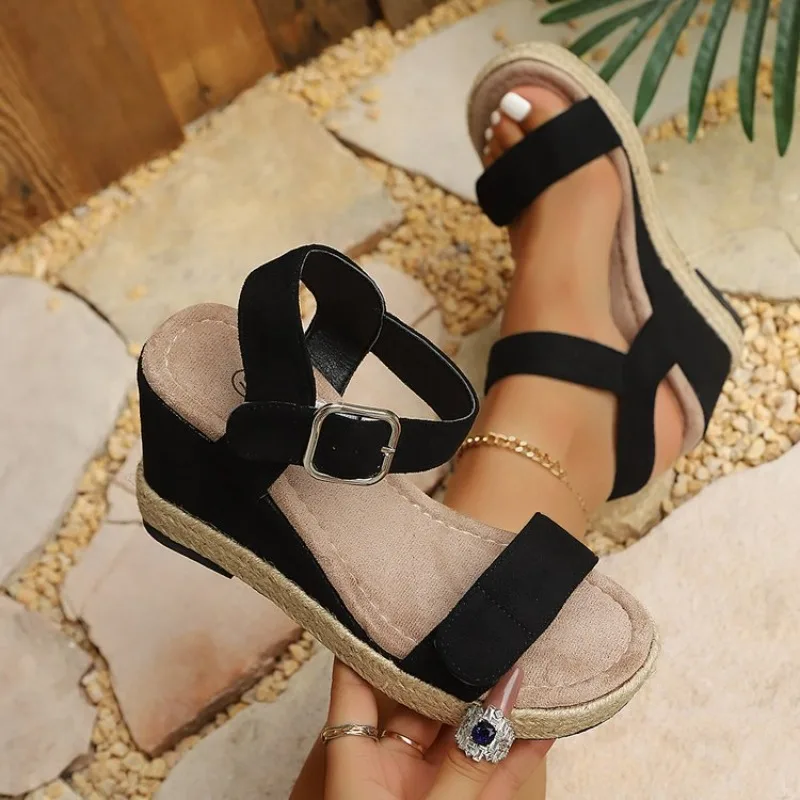 Women's Wedge Sandals Open Toe Platform Espadrille-Look Suede-Look Upper Ankle Strap Buckle Closure Summer Casual Walking Shoes