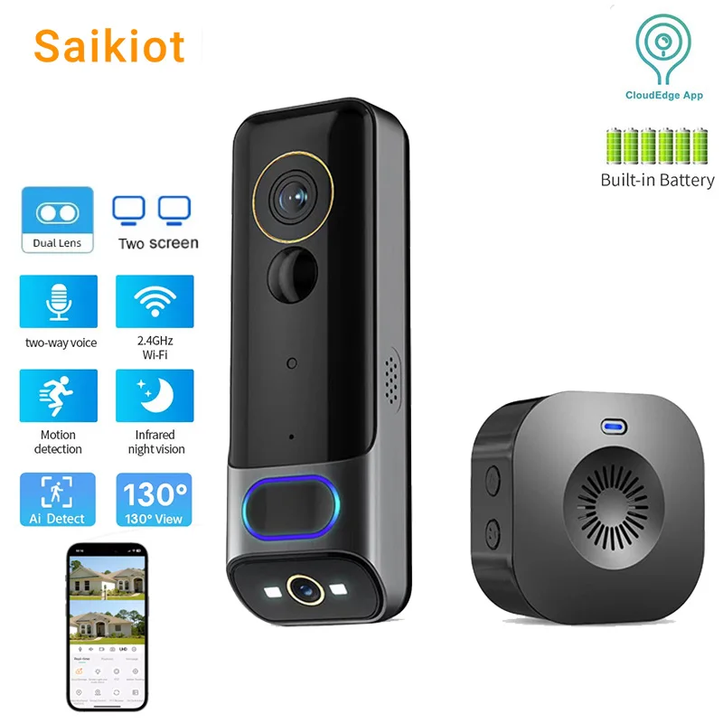 Saikiot CloudEdge 2K Smart Video Doorbell Camera Wireless Intercom Door Phone Smart WIFI Dual Lens Two Way Audio Video Doorbell