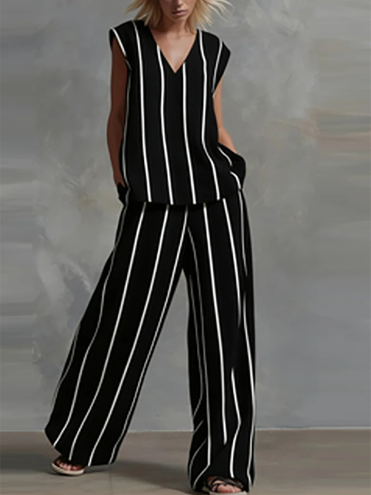 

Elegant Lady Casual Loosed Homewear Two Piece Sets Summer New Sets Stylish V-neck Stripe Printed Tank Tops And Pocket Pants Sets
