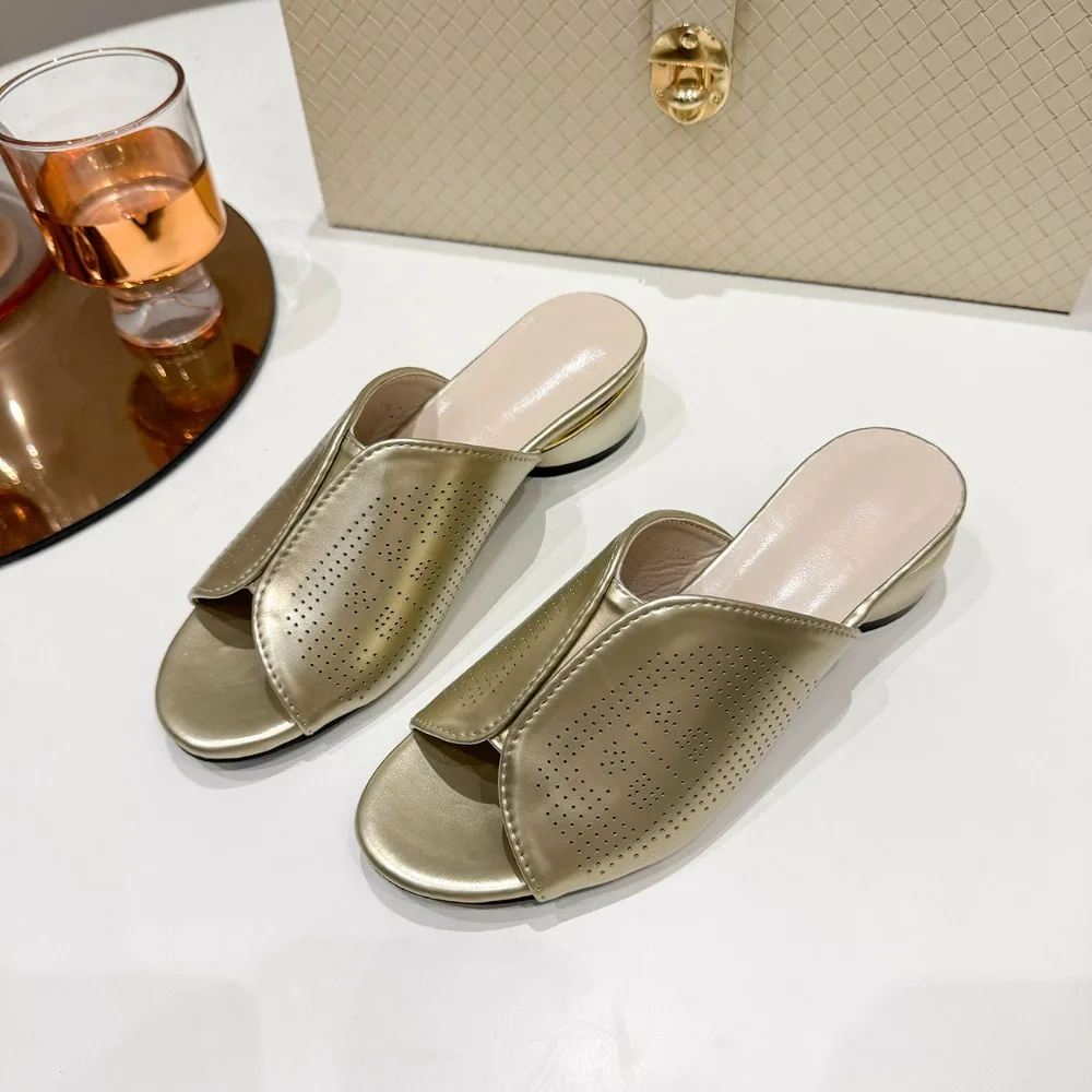 Summer Slipper for Women Gold Elegant Low Heels Slipper Silver Soft Leather High-Heeled Sandals Casual Shoes Size 35--43