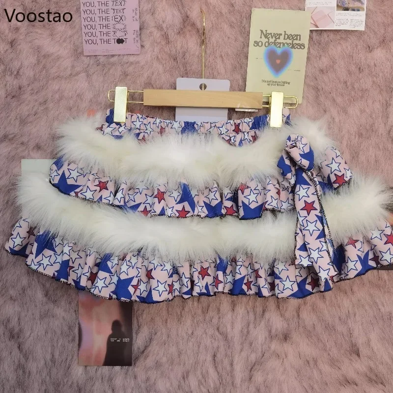 Japanese Y2k Lolita Style Plaid Mini Skirt Women Kawaii Faux Fur Patchwark Bow Party Skirts Gothic Female Punk A-Line Cake Skirt