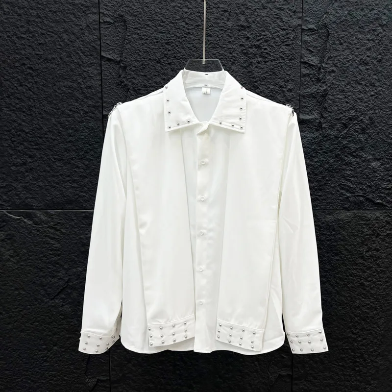 WVGA Spring New Men Stylish Heavy Metal Rivet Patchwork Long Sleeved Shirt Unique Design Featuring Zipper Trendy Tops Ins W24980