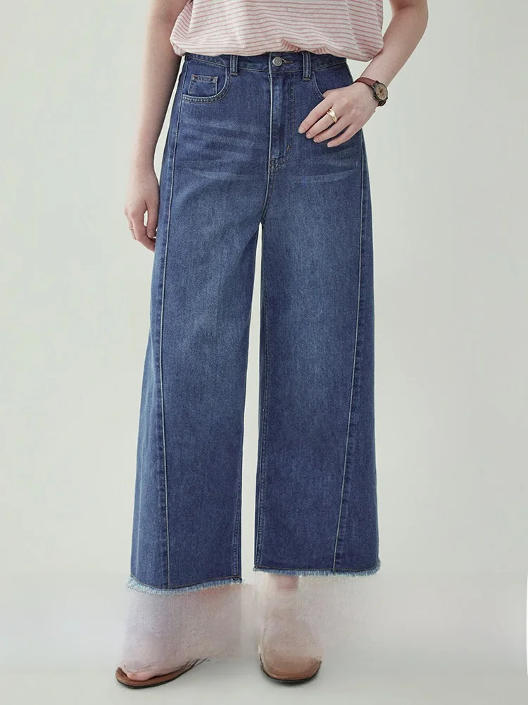 

Deep Blue High Waist Wide Leg Frayed Hem Denim Jeans Women's Summer Loose Casual Eighteen Pants AMUU North Island