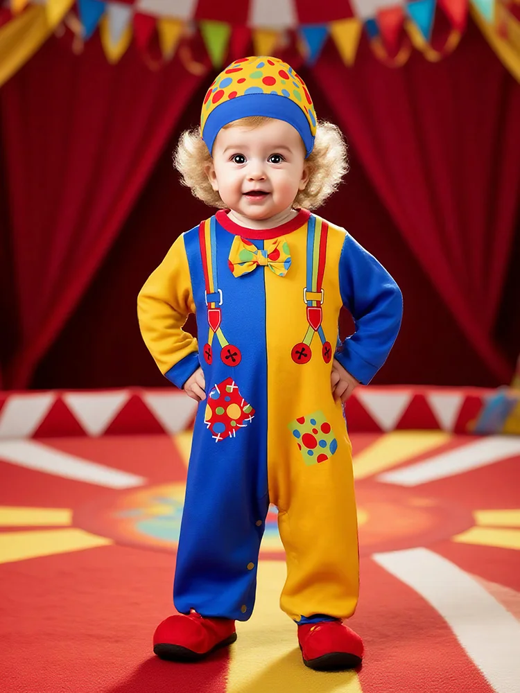 Barboteuse unisexe pour nouveau-né de 0 à 18 mois, 2 pièces, vêtements pour nourrissons de 0 à 18 mois, costume de clown Cosplay à manches longues + combinaison avec chapeau