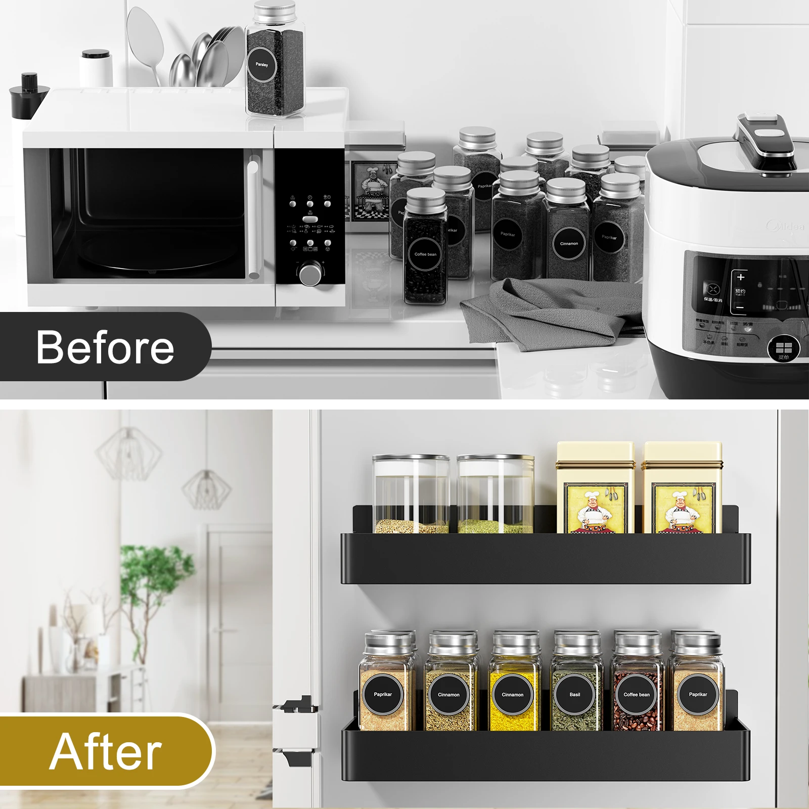 Magnetic Fridge Shelves Black White Spice Storage Rack Space Saving for Cabinet on The Side of Refrigerator Kitchen Organizer