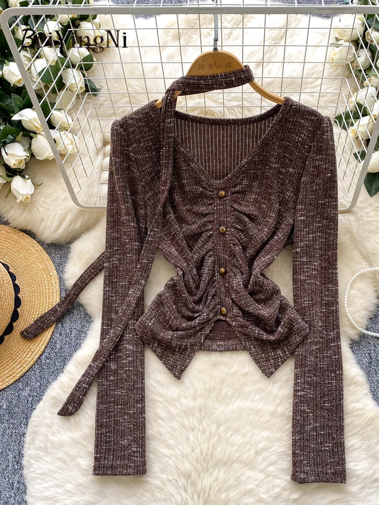 

Beiyingni Fall Winter Women Sweater French Vintage Beading V-neck Long Sleeve Knit Tops Woman Ruched Korean Chic Slim Sweaters