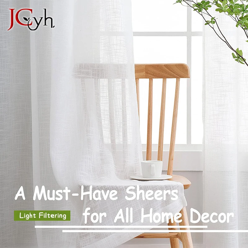 Linen Look Hall White Sheer Curtains for Living Room Bedroom Tulle Curtain for Kitchen Window Ready-made Modern Rideau Cortinas