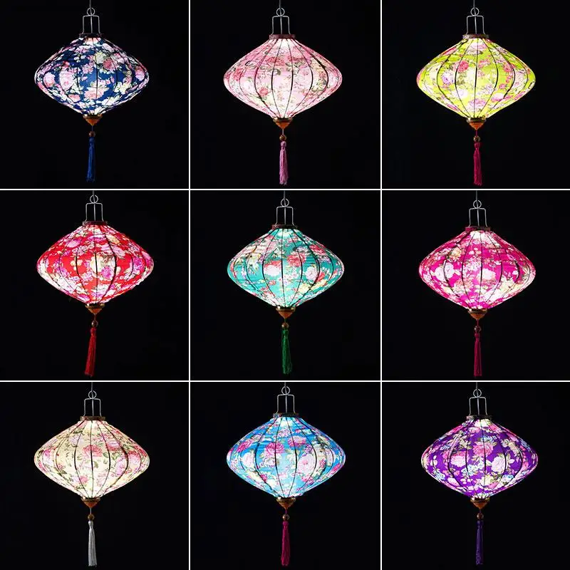 12/14 inch Oriental Style Palace Lantern Cloth Silk Floral Pattern Lantern Vietnam Mid Autumn Spring Festival Hanging Decor