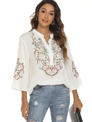 KHALEE YOSE Embroidery White Blouse Shirt Floral Cotton Mexican Shirt Women Hippie Vintage Chic 23XL Loose Holiday Ethnic Shirt