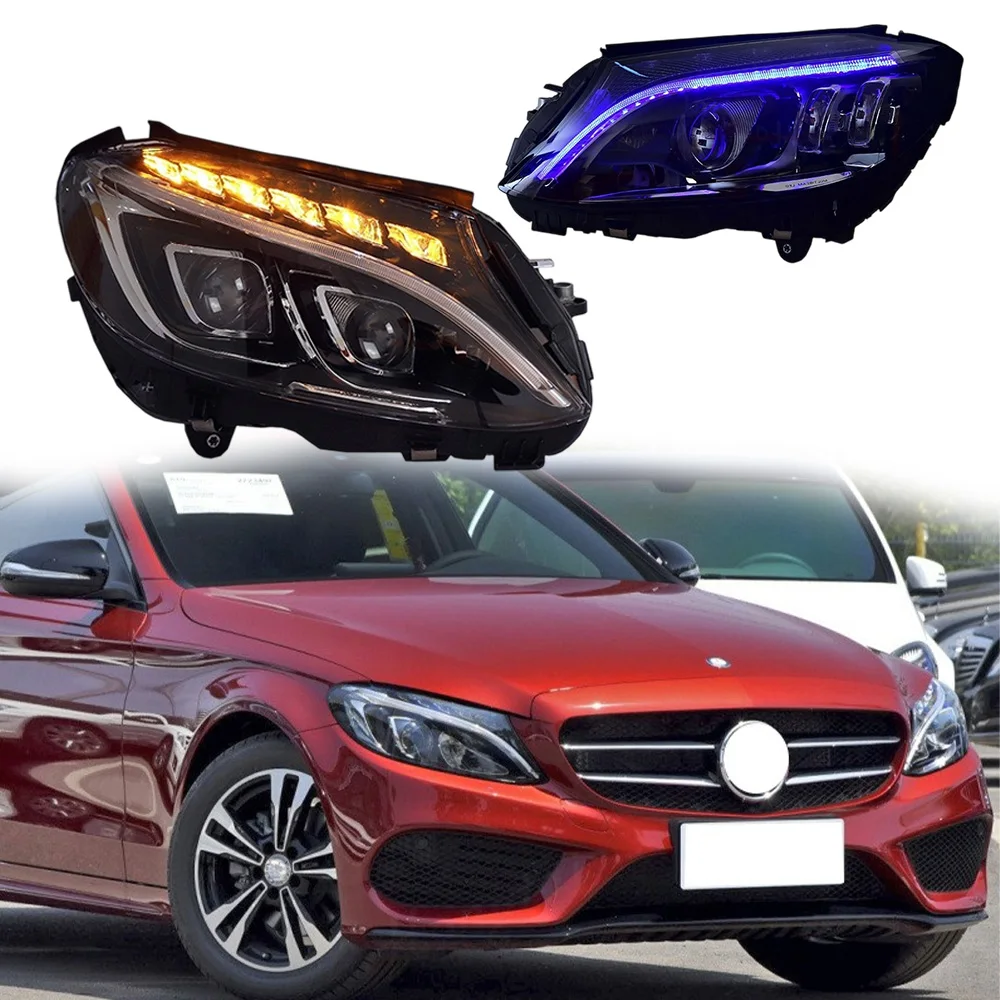 Pair Modified Headlight Assembly For 2015-2018 Mercedes-Benz C-Class W205 C180 C200 retrofitted with new streamer turn signal