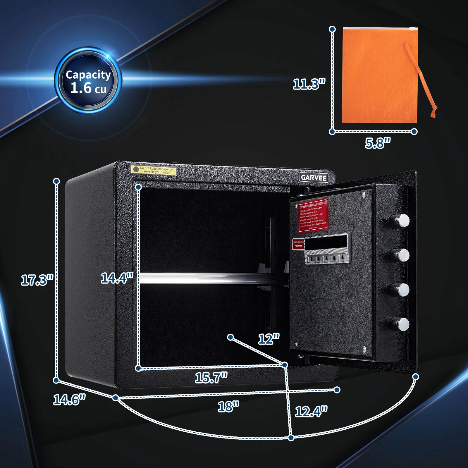 Biometric Home Safe Box 1.6 Cu Ft - Fingerprint Lock Steel Cabinet Safe - Removable Shelf, LED Light & Fireproof Document Bag - Small Safe for Cash & Documents