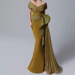 Customized Customized Exquisite Mermaid Off the Shoulder Evening Dress with Belt Elegant V-Neck Panel Train Ruched Homecoming Dr