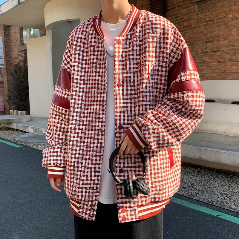 

Casual Loose Men's Jaet Outerwear Spring Autumn Plaid Design Baseball Sle American Streetwear Loose Fit Top irt