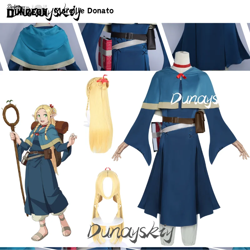 

Delicious in Dungeon Marcille Donato Anime Cosplay Costume Blue Outfit Elf Ear Wig Halloween Party Roleplay Uniform Costumized