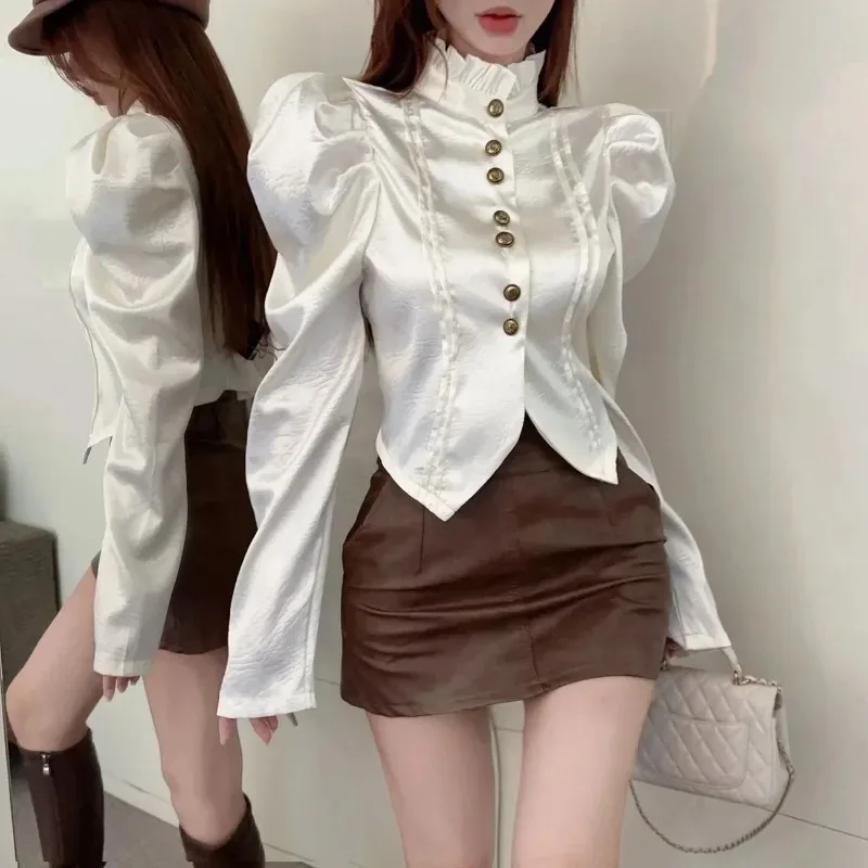 

French Bubble Sleeves Satin Shirt Women Fashion Stand Collar Stringy Selvedge Single Breasted Temperament Gentle Solid Slim Top