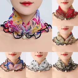 Fashion Printed Gauze Scarf Pearl Pendant Scarf Spring Lightweight Muffler Women Decorative Small Silk Scarf Headband