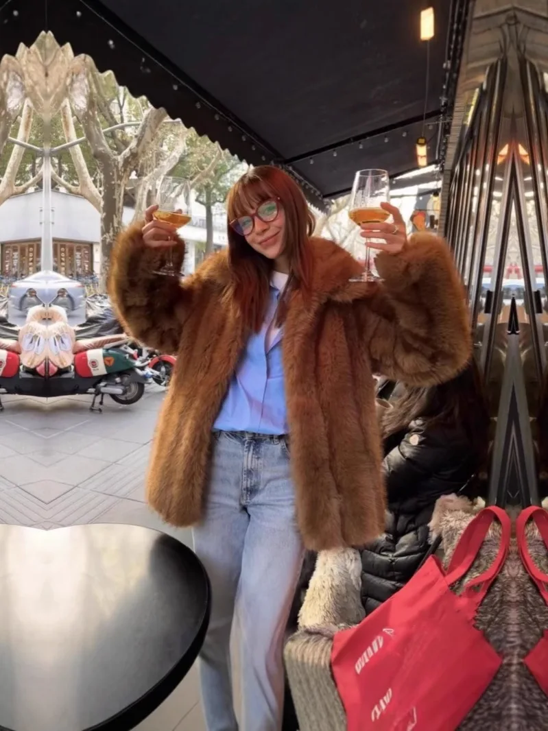 Faux Fur Long Coat With Hood Coats Womens Animal-Printed Fancy Vacation Lady Design Garments Biker-Style Epaulettes Modern Trend