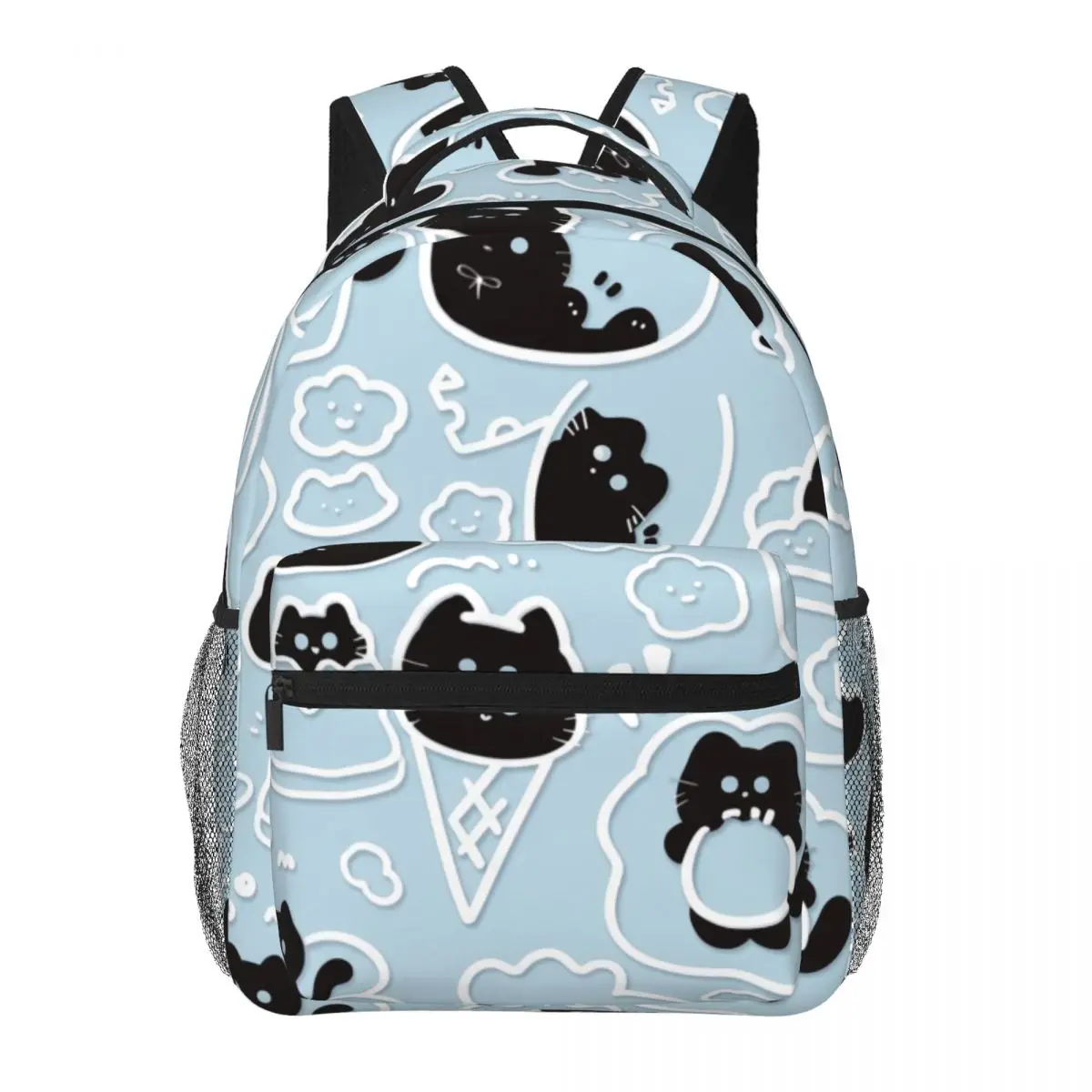 Cartoon Animal School Backpack Tossed Cat Doodles Whimsical Cute Pastel Blue Black White Streetwear Bookbag for Teens College