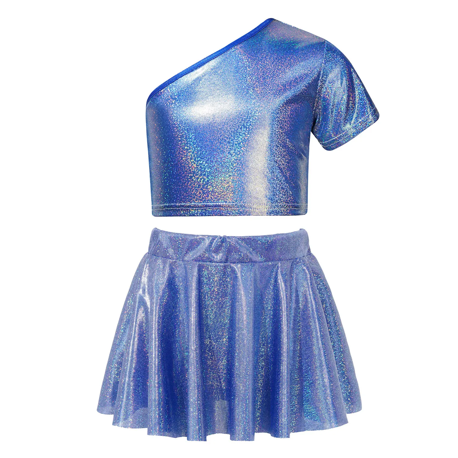 Kids Girls Jazz Dance Outfit Children Performance Hiphop Clothes Set Cheerleading Costume Short Sleeve Metallic Crop Top Skirt