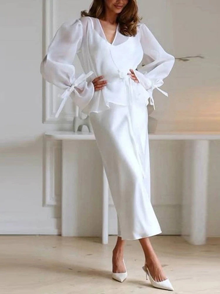 Chic Satin Top Skirts Set Women Solid Lace Up V Neck Peplum Long Sleeve Blouse High Waist Skirts 2026 Summer Autumn Party New view 4