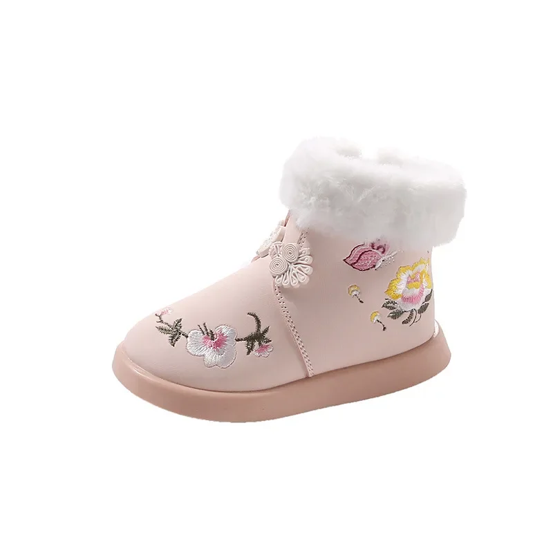 Crianças botas de neve para o inverno doce meninas sapatos de princesa com pele antiderrapante 2024 nova moda crianças botas quentes bordado elegante