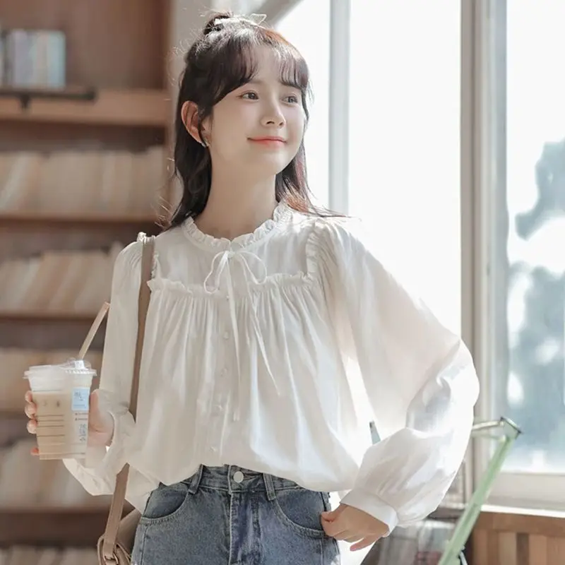 Summer French Long Sleeved White Shirt Women New Sweet Ruffle Collar Top Fashionable Design Shirt