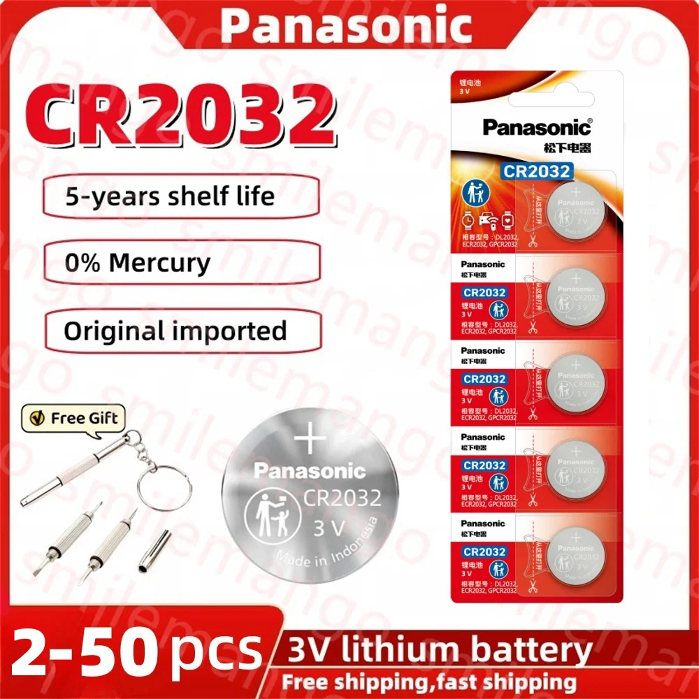 Batería de litio Original Panasonic 2-50PCS CR2032 3V DL2032 BR2032 5004LC 2032 para reloj, juguetes, llave de coche, calculadora + destornillador