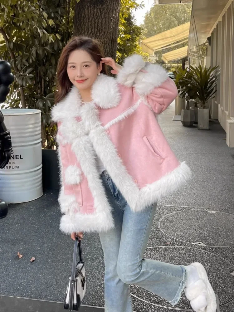 

Women Faux Fur Patchwork Coat Women Fashion Chic Lapel Single Breasted Loose Outerwears Lady Winter Daily Highstreet Jackets