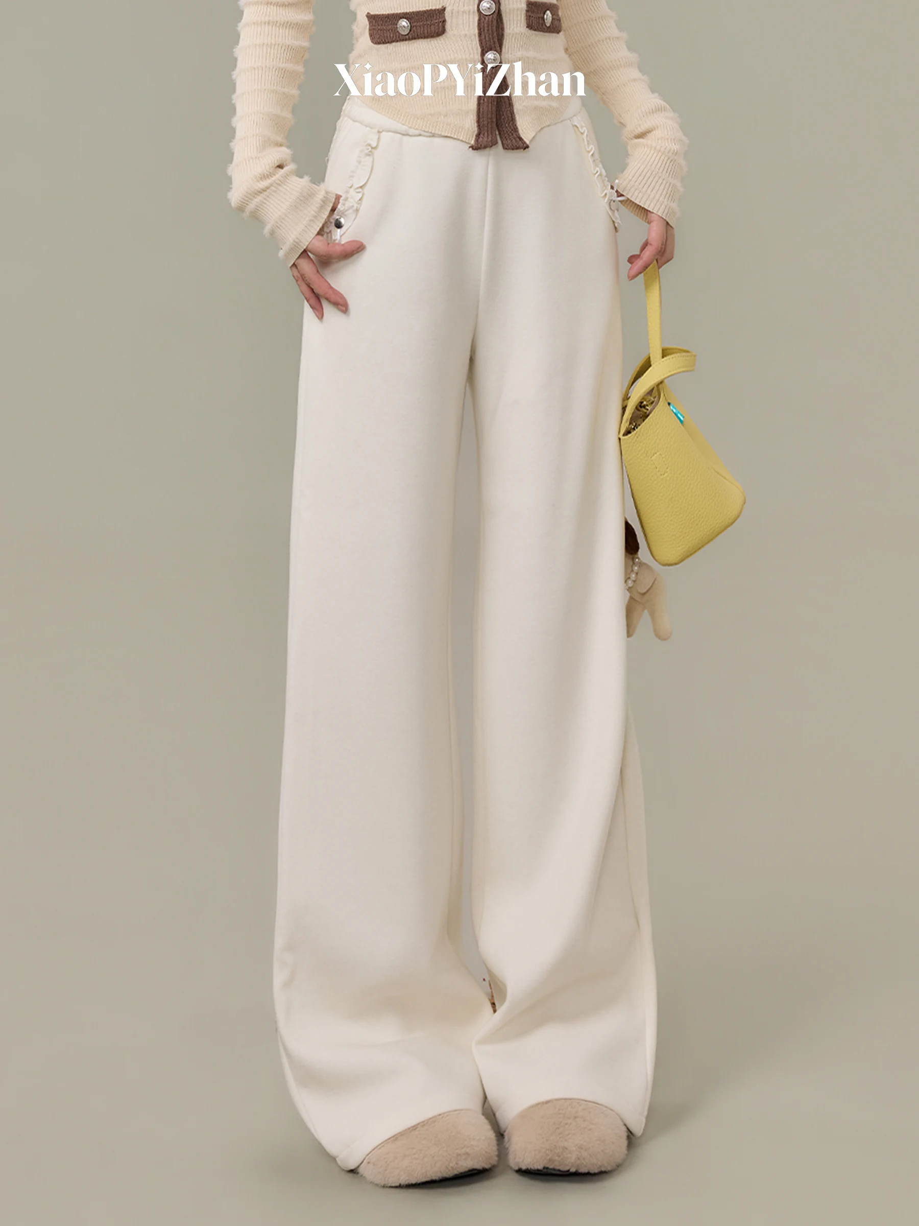 

Белые брюки с широкими штанинами на флисовой подкладке, женские повседневные брюки с высокой талией, прямого кроя, однотонные, в корейском стиле