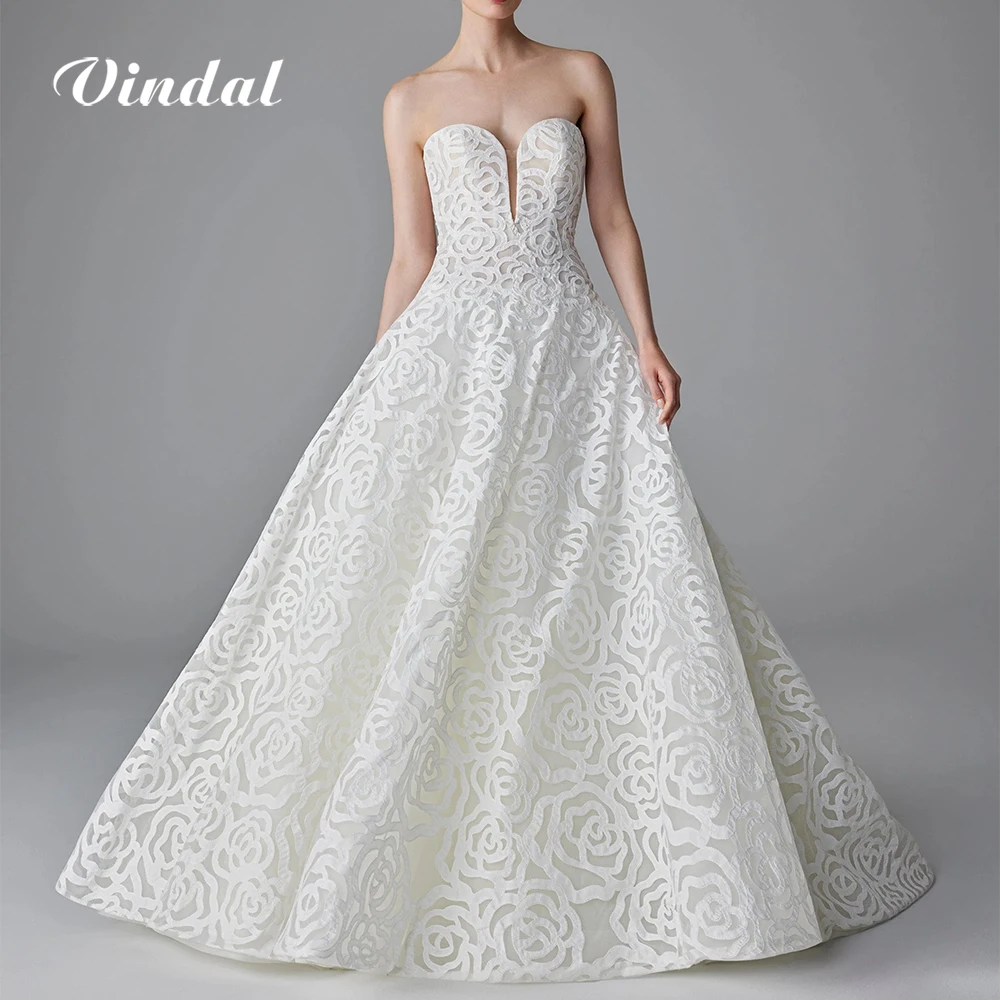 Vindal bretelles Rose dentelle a-ligne robes de mariée robe de noiva Corset dos chérie sans manches robes de mariée personnalisé