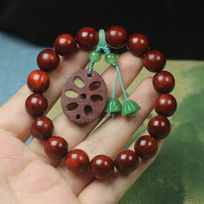 

Браслет из замбийского палисандра и кровавого сандалового дерева с подвеской в виде корня лотоса, бусины из зеленых семян лотоса для мужчин и женщин, буддийские молитвенные бусины.