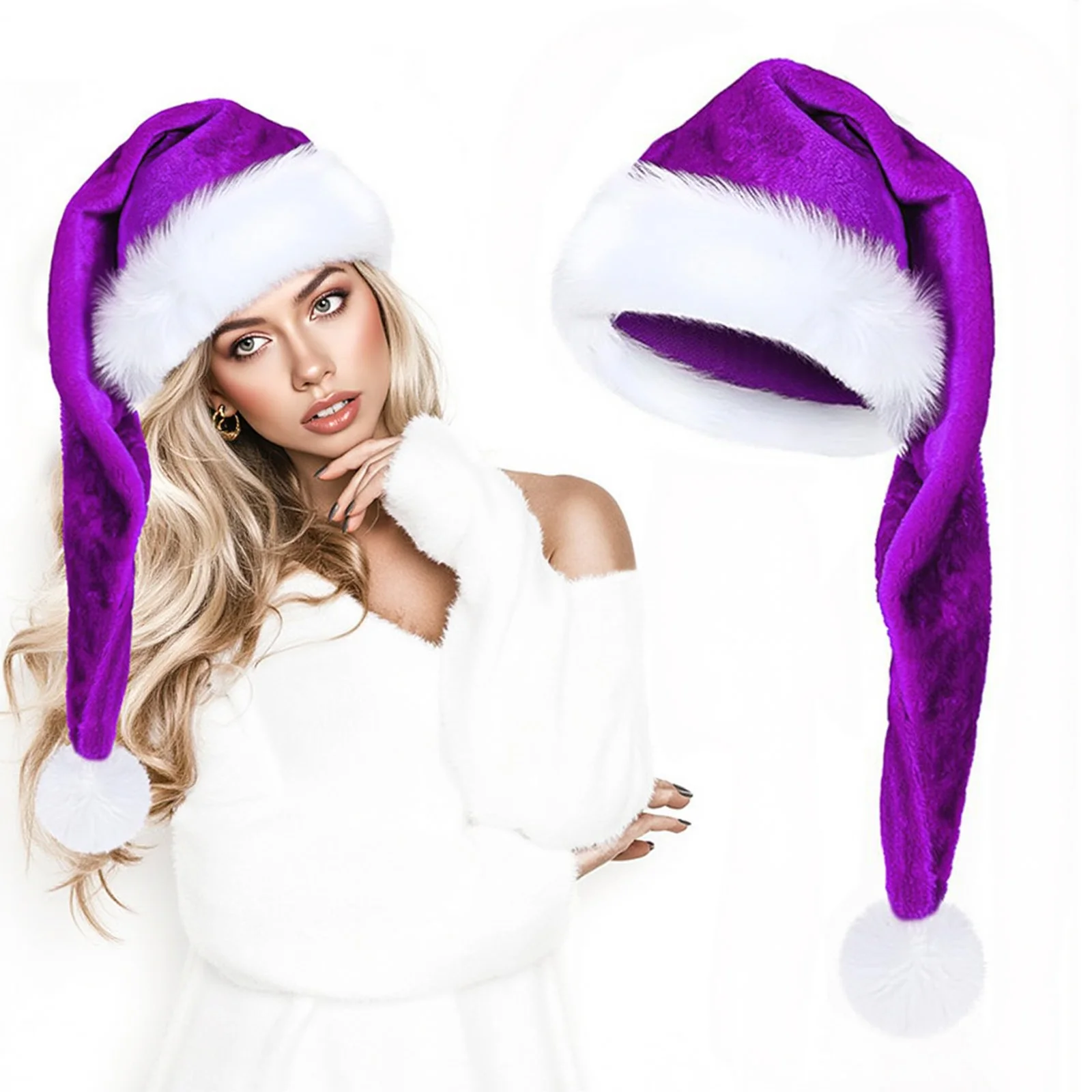 Gorro largo de felpa para Navidad, gorros de Papá Noel de terciopelo grueso rojo, suministros decorativos para fiesta de Año Nuevo para mujeres adultas, suministros festivos para el hogar