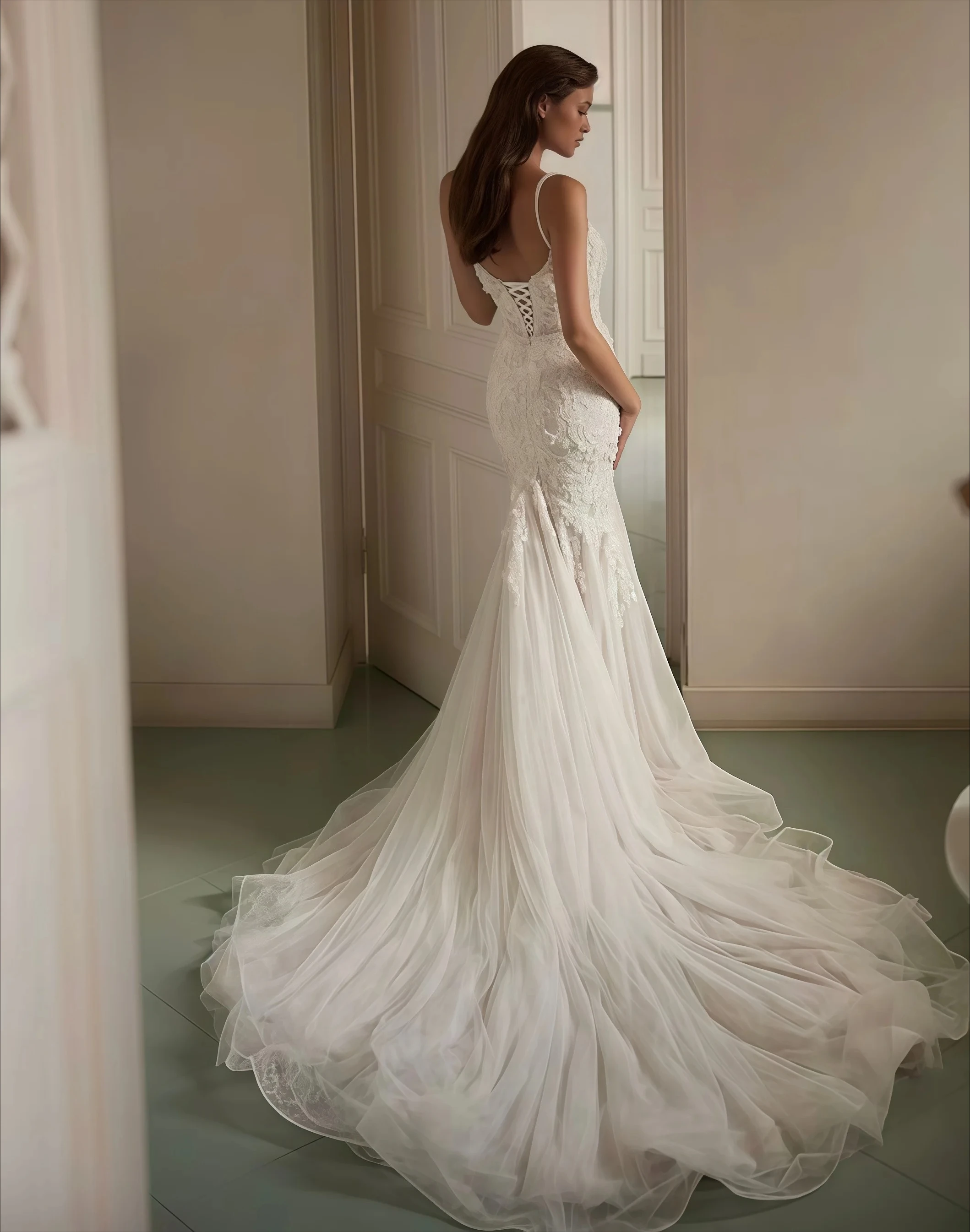 Customized Thin Strap Plunge V Mermaid Gown Fitted Waist Solid Smooth Bodice Minimalist Low Bare Back Ruffled Flared Hem Dress