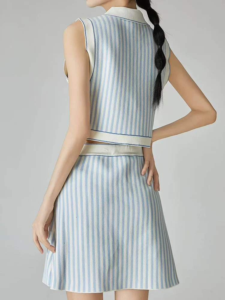 

High Quality Summer New Fashion Stripes Slim Knitted vest Women Casual Polo Collar Tank Tops or High Waist Mini Skirt Female