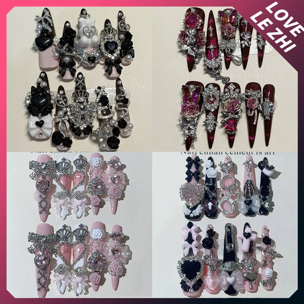 

10Pcs Spice Girls Metal Punk Handmade Long Stiletto Press On Nails Butterfly Bowknot Chain Flower Diamond Wings Pearl Fake Nails